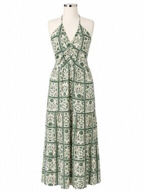 Monteau Los Angeles NWT Green Print Linen Blend Tiered Halter Maxi Dress Sz L